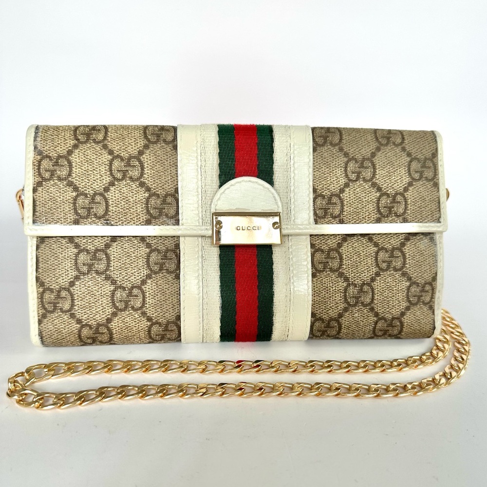 💯 GUCCI GG Ivory Red Green Stripe Leather Monogram Wallet on Chain w/ auth cert